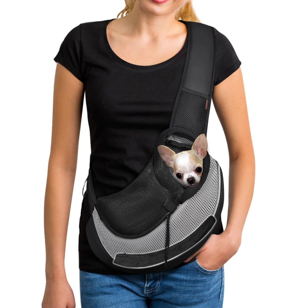 Pet Sling Carrier Small Dog Cat Hands Free Adjustable Breathable Mesh Black Gray